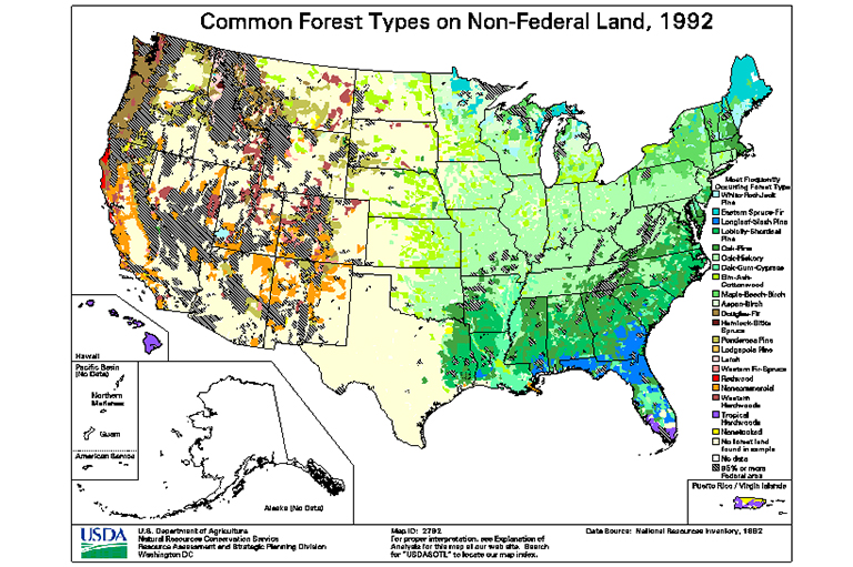 美国常见森林覆盖类型的地图-木材类型的树木地理范围图