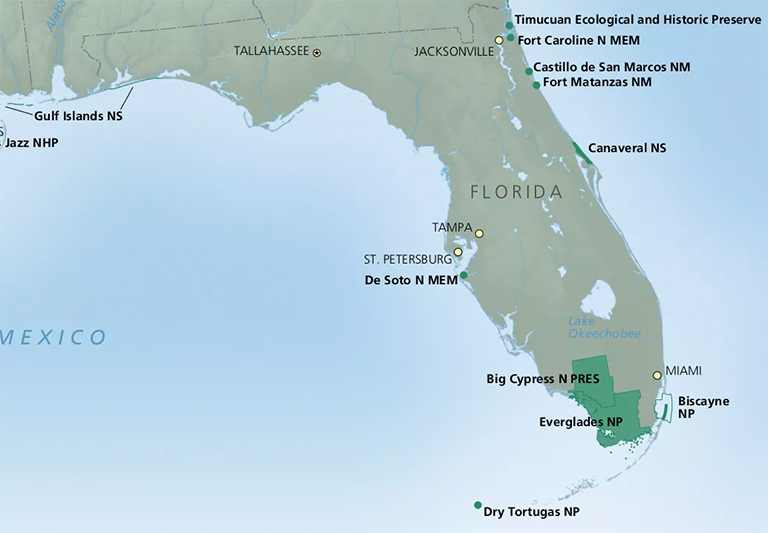 国家公园管理局在佛罗里达州的公园地图