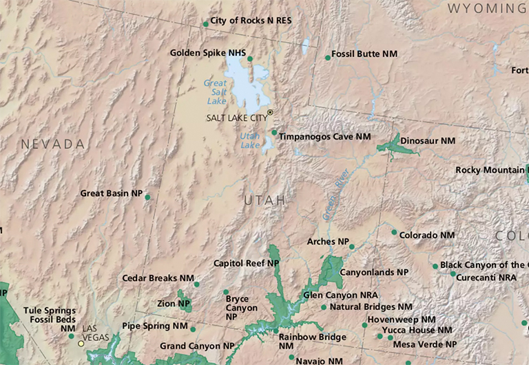 国家公园管理局在犹他州的国家公园地图