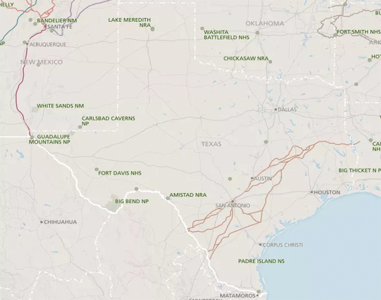 国家公园，古迹，历史遗迹，自然保护区和德克萨斯州名胜古迹的地图
