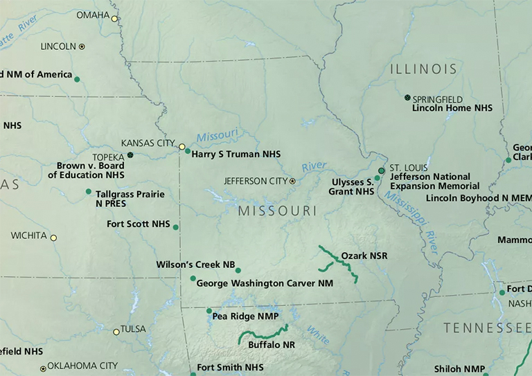 由国家公园Serice管理的密苏里州国家公园地图