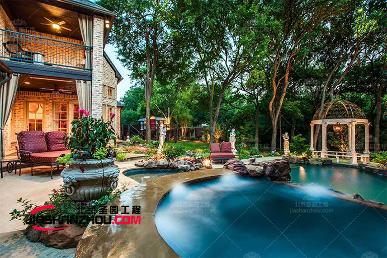 南京塑石假山水池庭院别墅后院假山石头水池流水造景设计