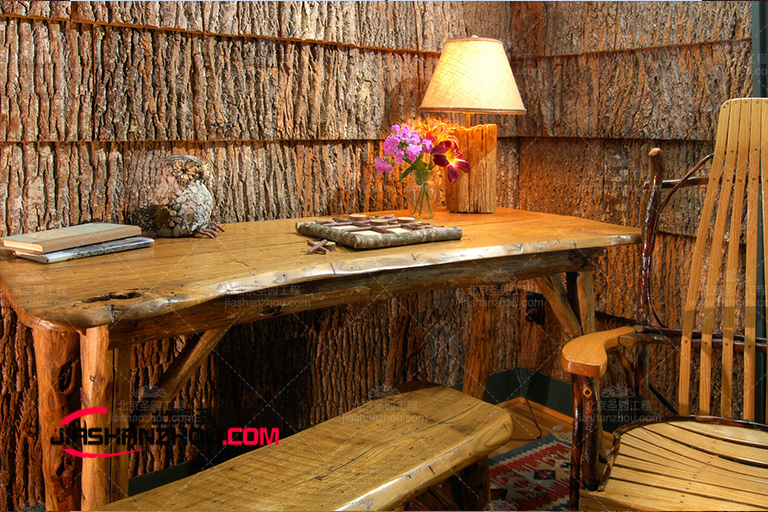 仿真树皮瓦墙面装饰为酒店房间带来简折衷主义的感觉