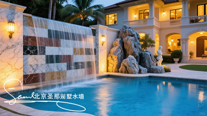 jimeng-2025-06-20-8482-这是一别墅处户外大理石制作的平板水墙景观。水墙由多种平面石板组成漂亮的效果。水从....jpeg